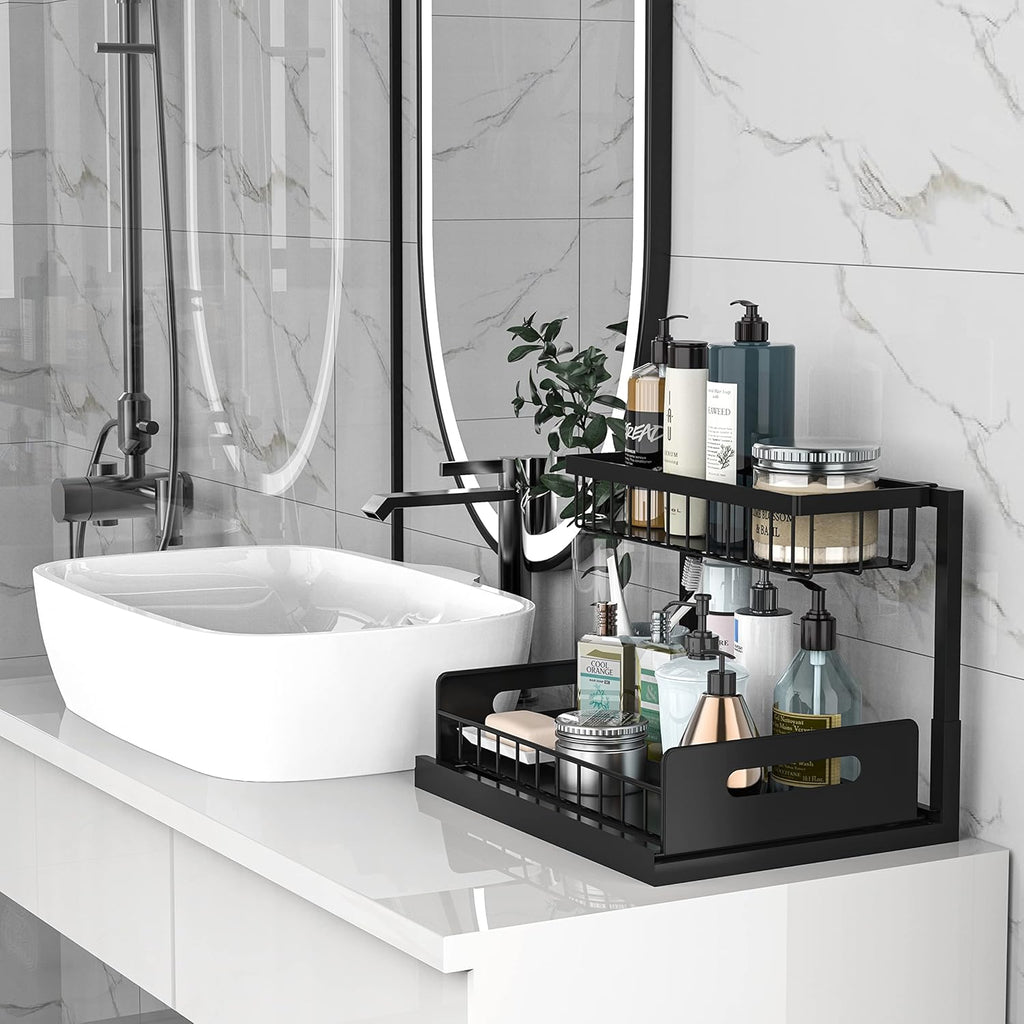 bukfen Under Sink Organizer, Pull Out Cabinet Organizer 2-Tier Slide Out Sliding Shelf Under Cabinet Storage Multi-Use for Under Kitchen Bathroom Sink Organizers and Storage
