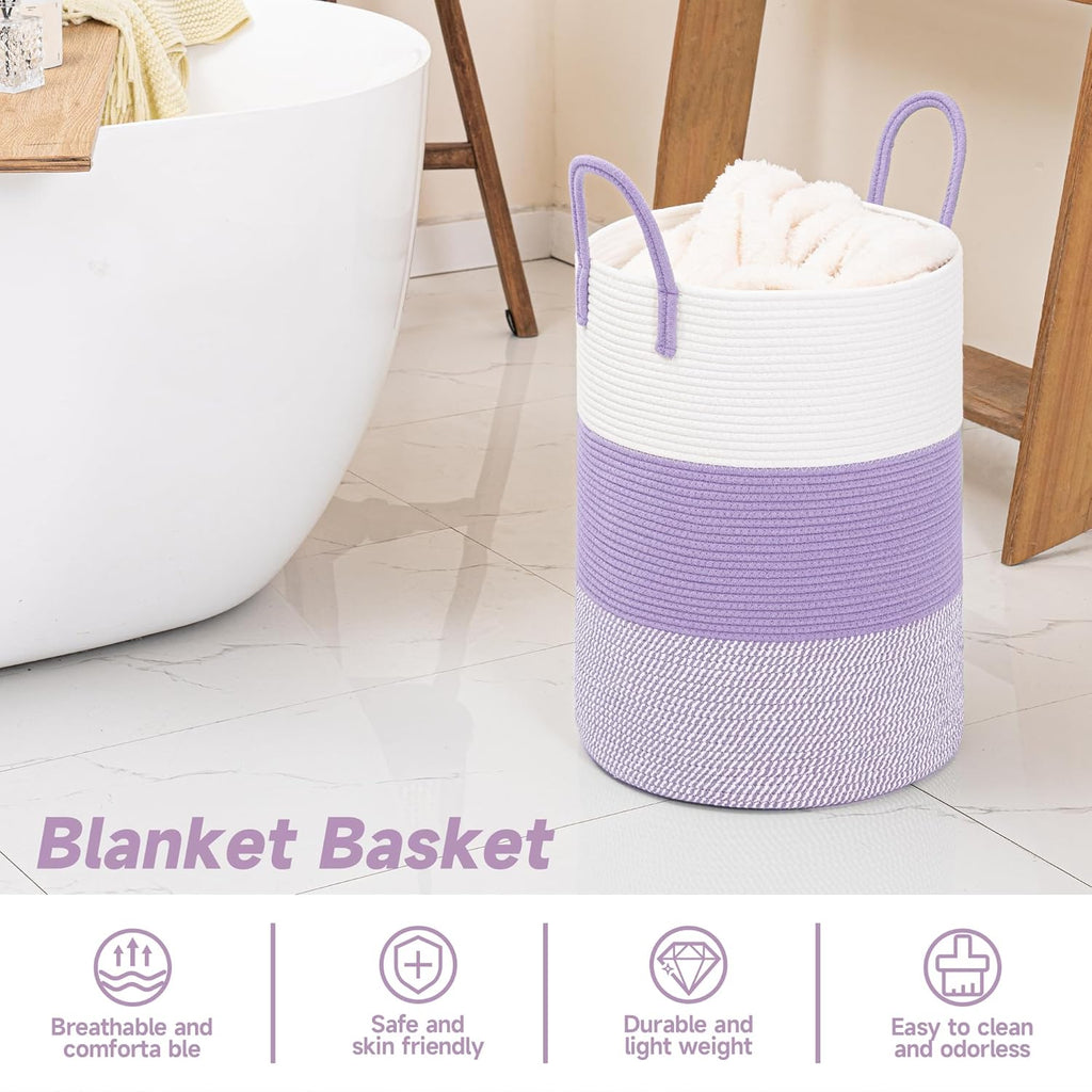 CLHMILY&Z 40L Laundry Basket Round Storage Rope Basket - 13x18 Inches - Lavender Hamper in Bedreoom and Cute Storage Bin for Blankets, Toys, and Nursery Essentials