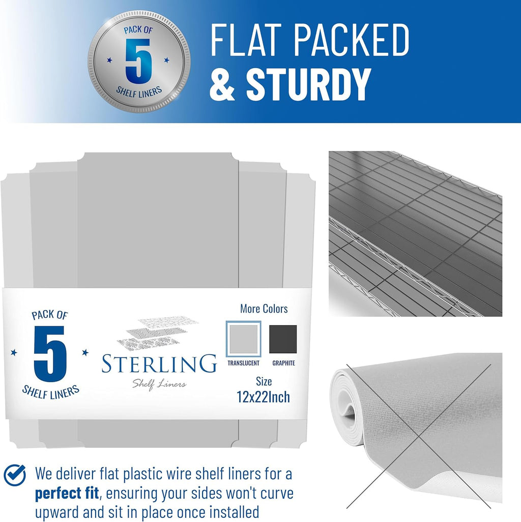Shelf Liners for Wire Shelf System: Set of 5 in Clear: 12 x 22 inch: Plastic Wire Shelving Shelf Mats