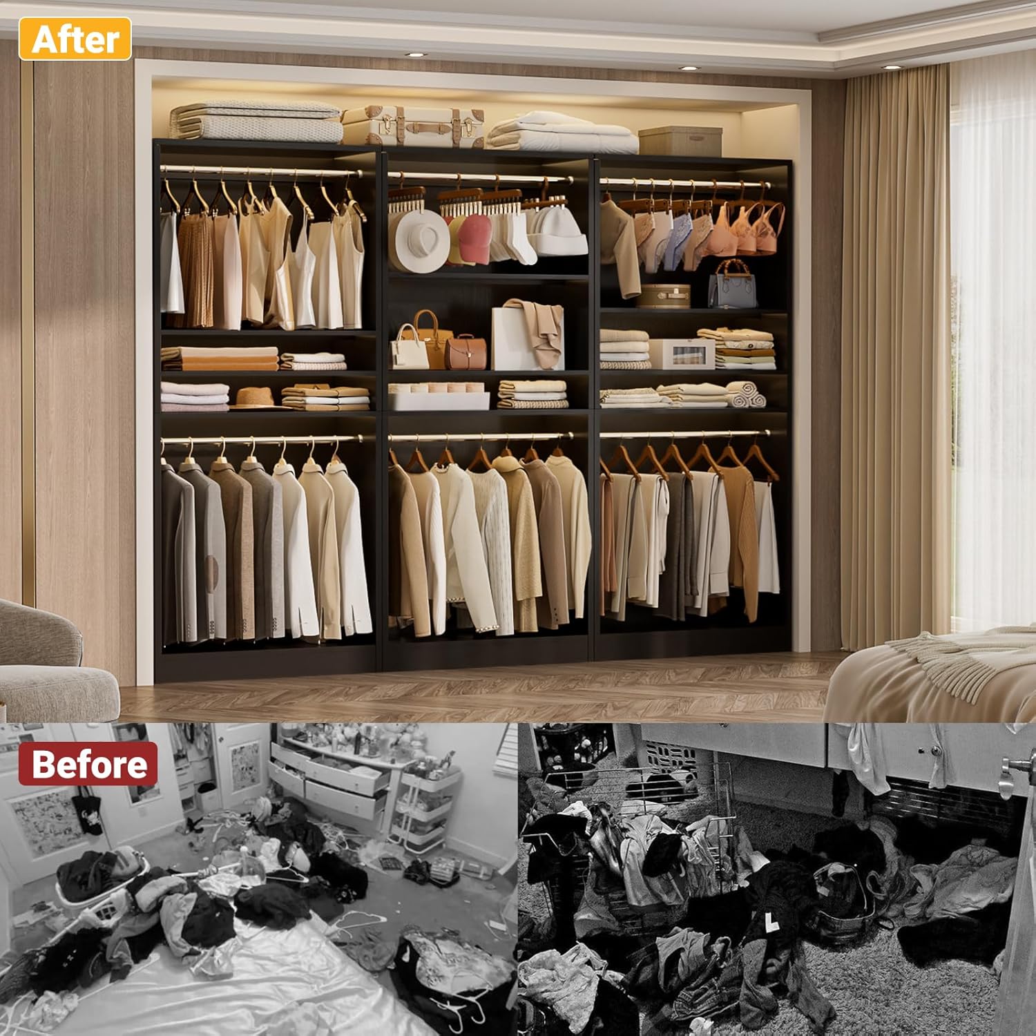 Unikito 3FT Freestanding Closet System with 2 Hanging Rods & Adjustable Shelve, 36'' Wood Closet Organizer System, Clothes Garment Rack, Sturdy Walk-in Closet Tower, Easy Assembly, Hold 800LBS, Black