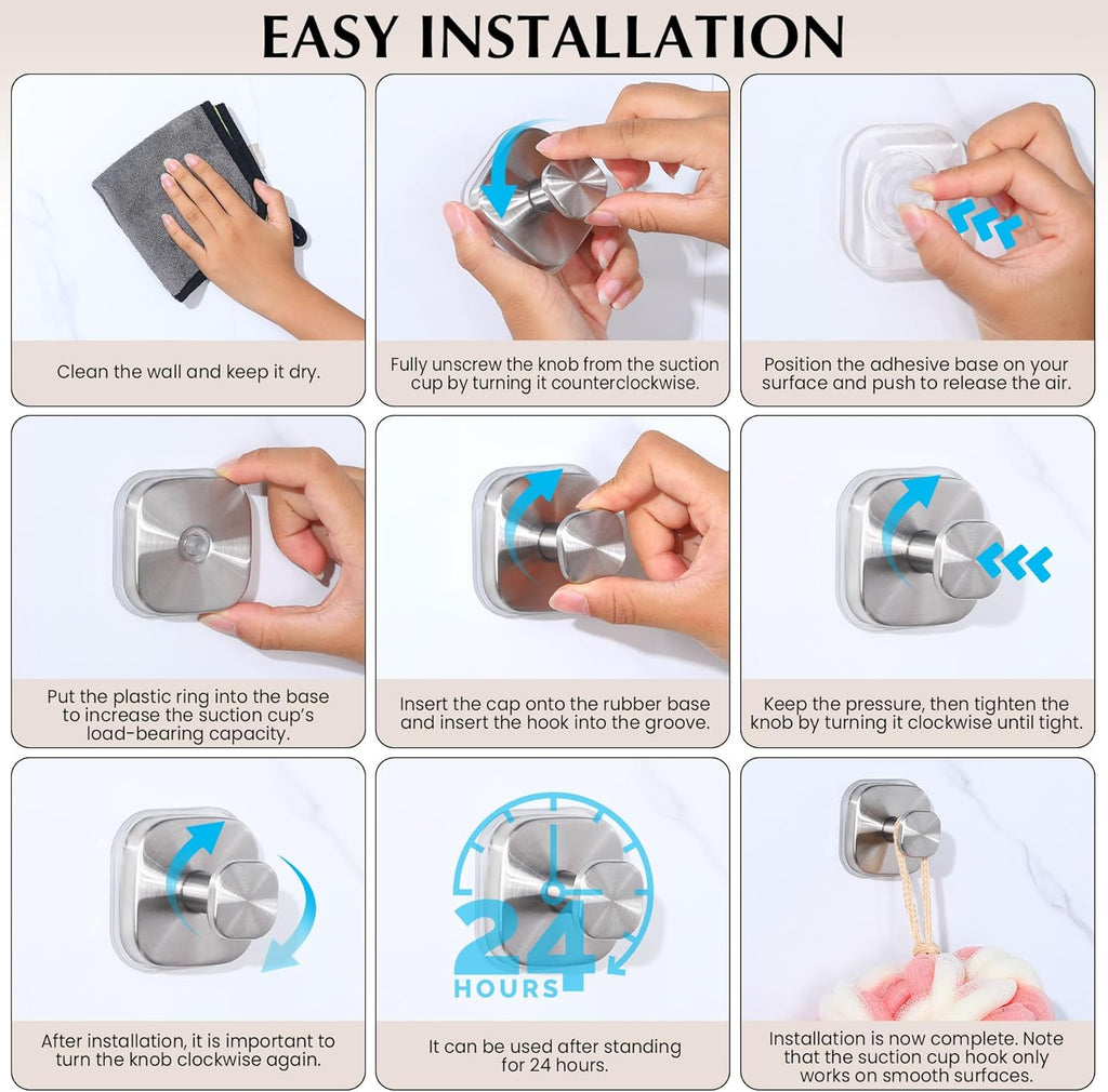 Suction Cup Hooks for Shower - Reusable No-Drill Mounting - Hooks for Towels, Robes & Loofah on Metal, Glass, Mirrors, Tile & Smooth Non-Porous Surfaces (2, Brushed Nickel)
