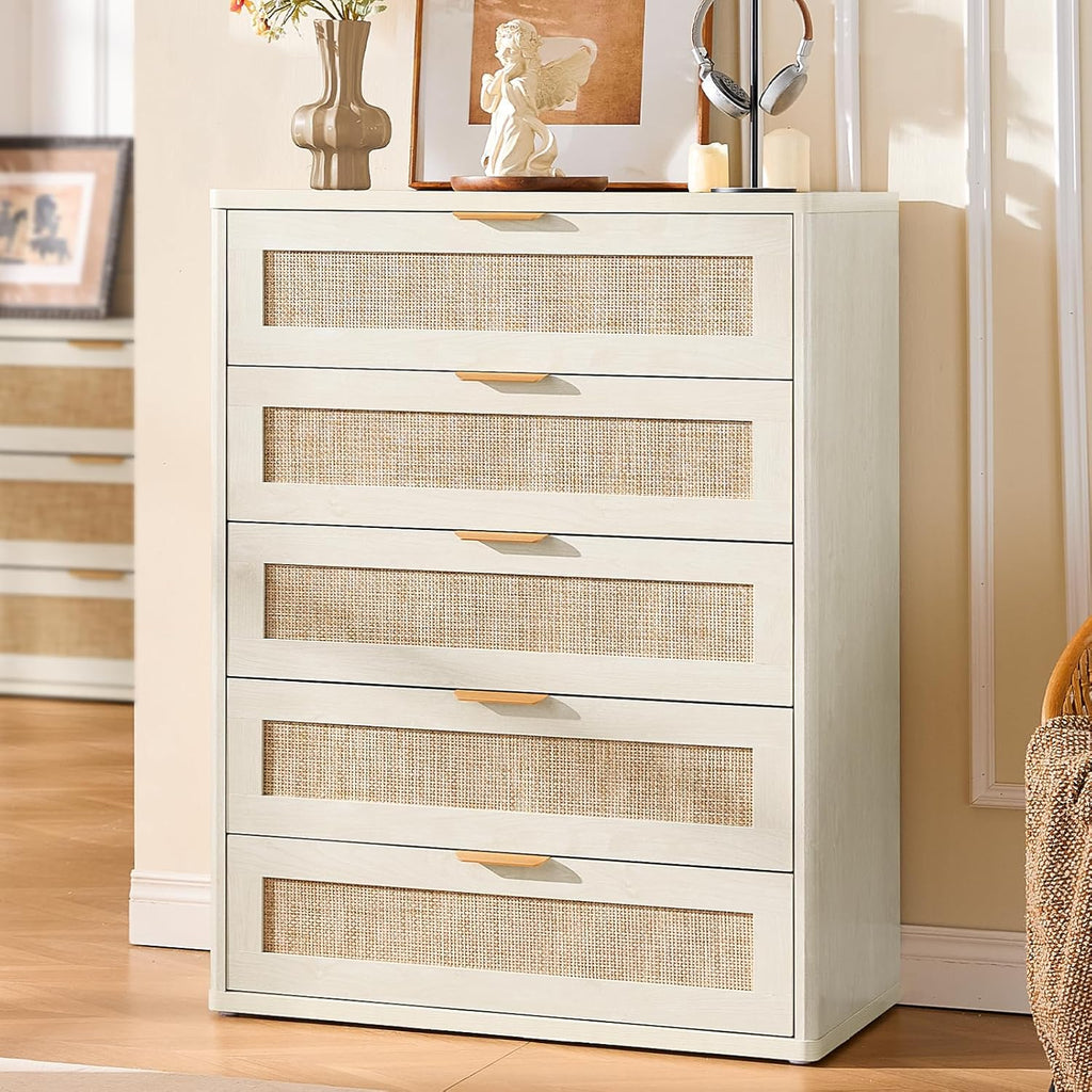 LEYAOYAO White Dresser for Bedroom, 41" Tall Chest of Drawers, Modern 5 Drawers Boho Rattan Dressers with Storage, Dresser Wooden Closet Organizer for Living Room, Hallway