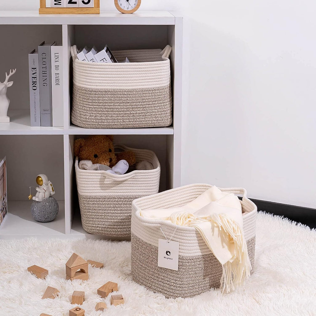 Medium and Large Woven Basket//With Handle, Used for Toys and Fabric Storage Basket used for Storing xl Storage Box, Decorative Storage Box Room 2pack (14L*10W*8.6H White Brown, 14Lx10Wx8.6H)