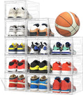 Pinkpum Upgraded Hard Shoe Storage Box 12 Pack X-Large Fit Size 12, Thicken & Sturdy Clear Plastic Stackable Shoe Organizer Box Closet, Sneaker Storage Display Case Holder Bins with Magnetic Door