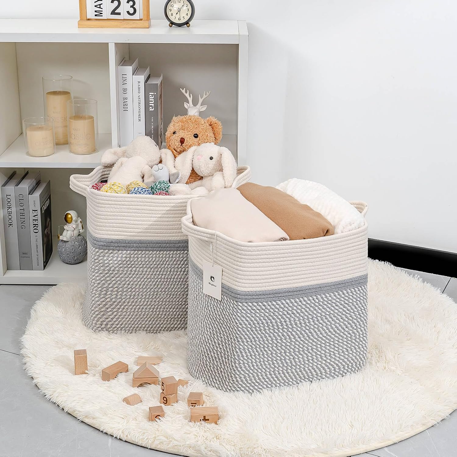 Storage Baskets for Clothes Fabric Cotton Rope Storage Basket with Handles, Decorative Woven Basket for Living Room,Closet Organizer Blankets, and 2bags (White/Gray, L16×W11.4×H15.9)