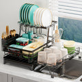 2 Tier Dish Drying Rack - Large Extendable Dish Rack, 2-in-1 Anti-Rust Stainless Steel Dishrack for Kitchen Counter and Sink, Dish Strainer with Utensil Holder & Cup Holder(Black)