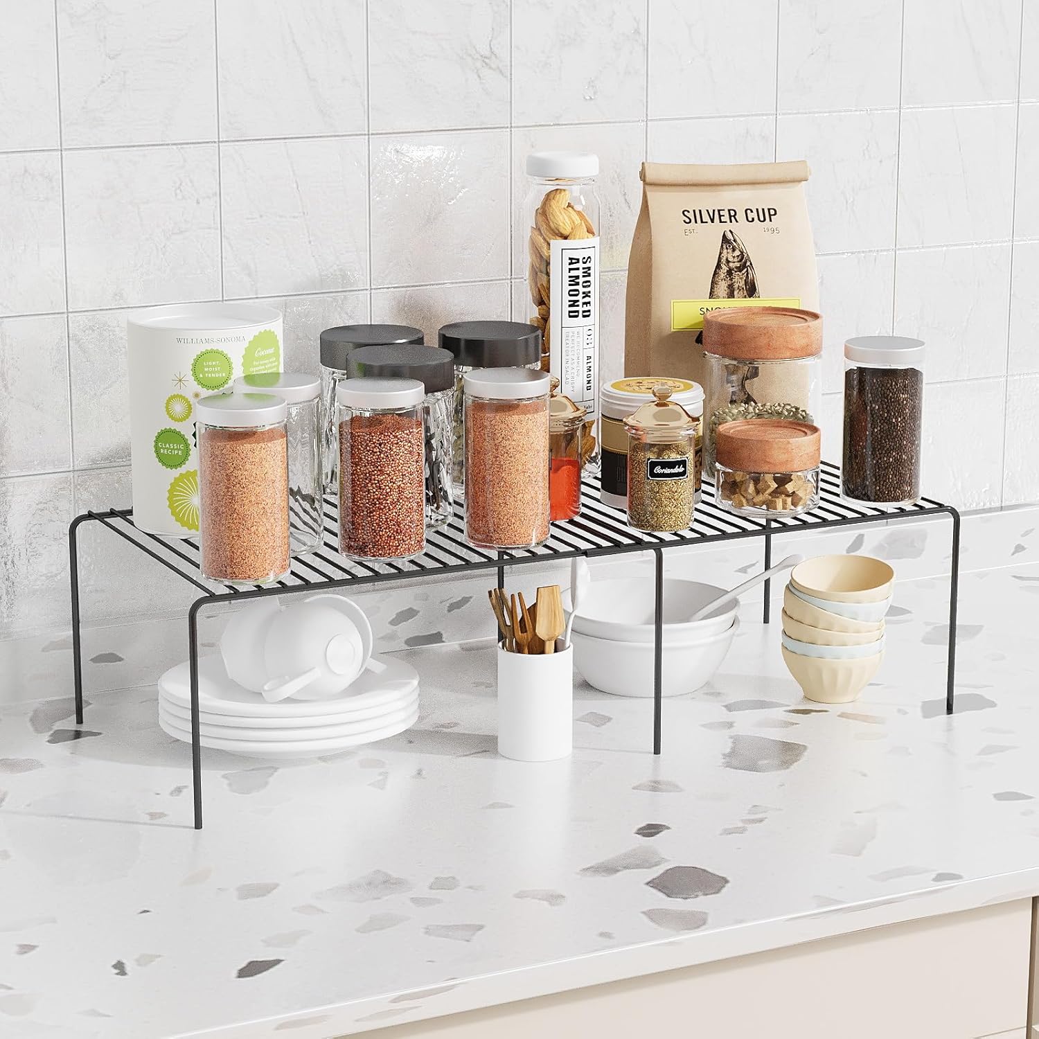 Expandable Storage Shelf, Pantry Organizers and Storage, Adjustable Rustproof Metal Wire Spice Rack, Space Saver Kitchen Storage Shelves for Pan, Pot, Countertop, Drawer, Fridge, Set of 4, Black