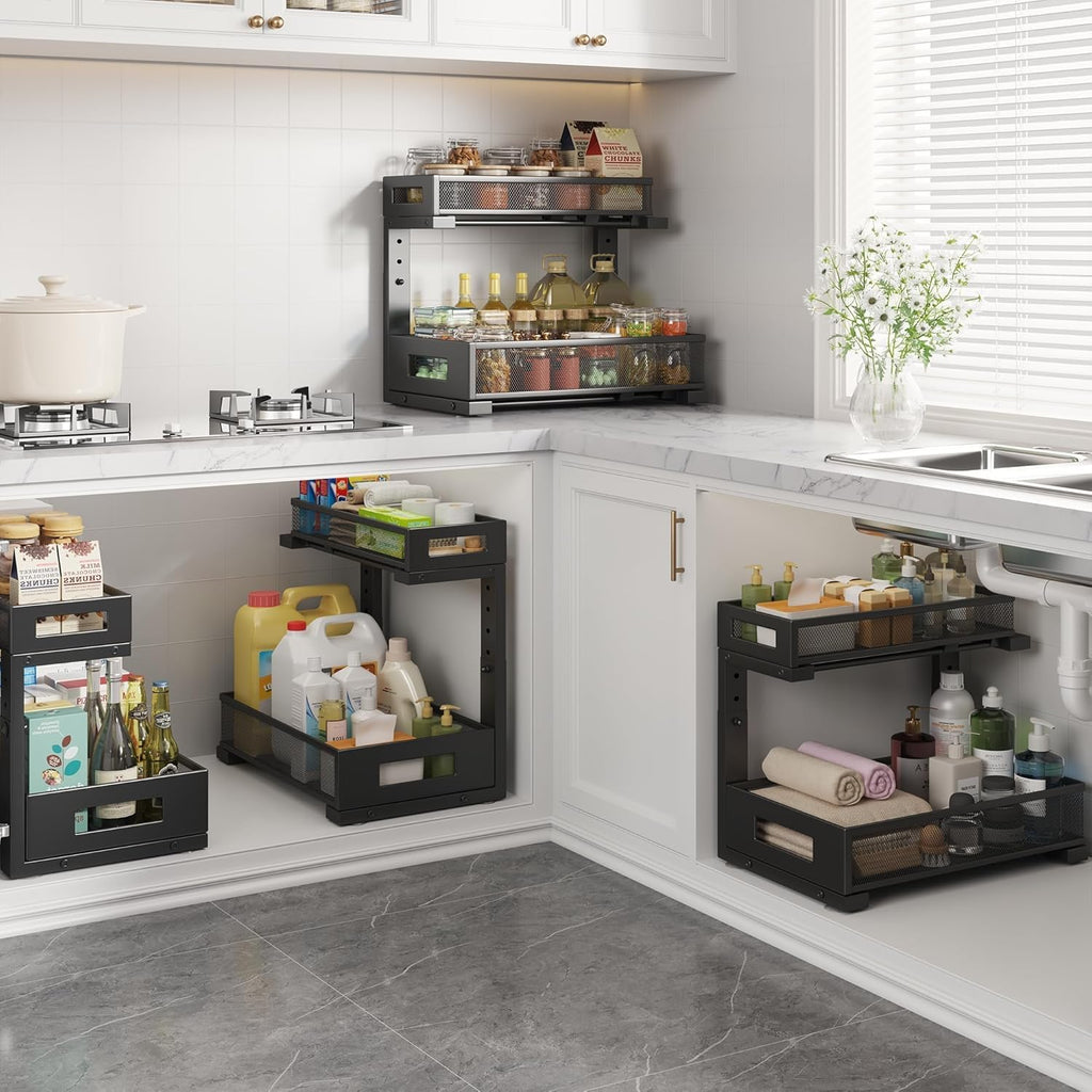 2-Pack Under Sink Storage Organizer, Large 2-Tier Elegant Mesh Pull Out Shelf for Kitchen and Bathroom Cabinet Organization, L-Shaped and Adjustable Height Design,Patent Pending-Black