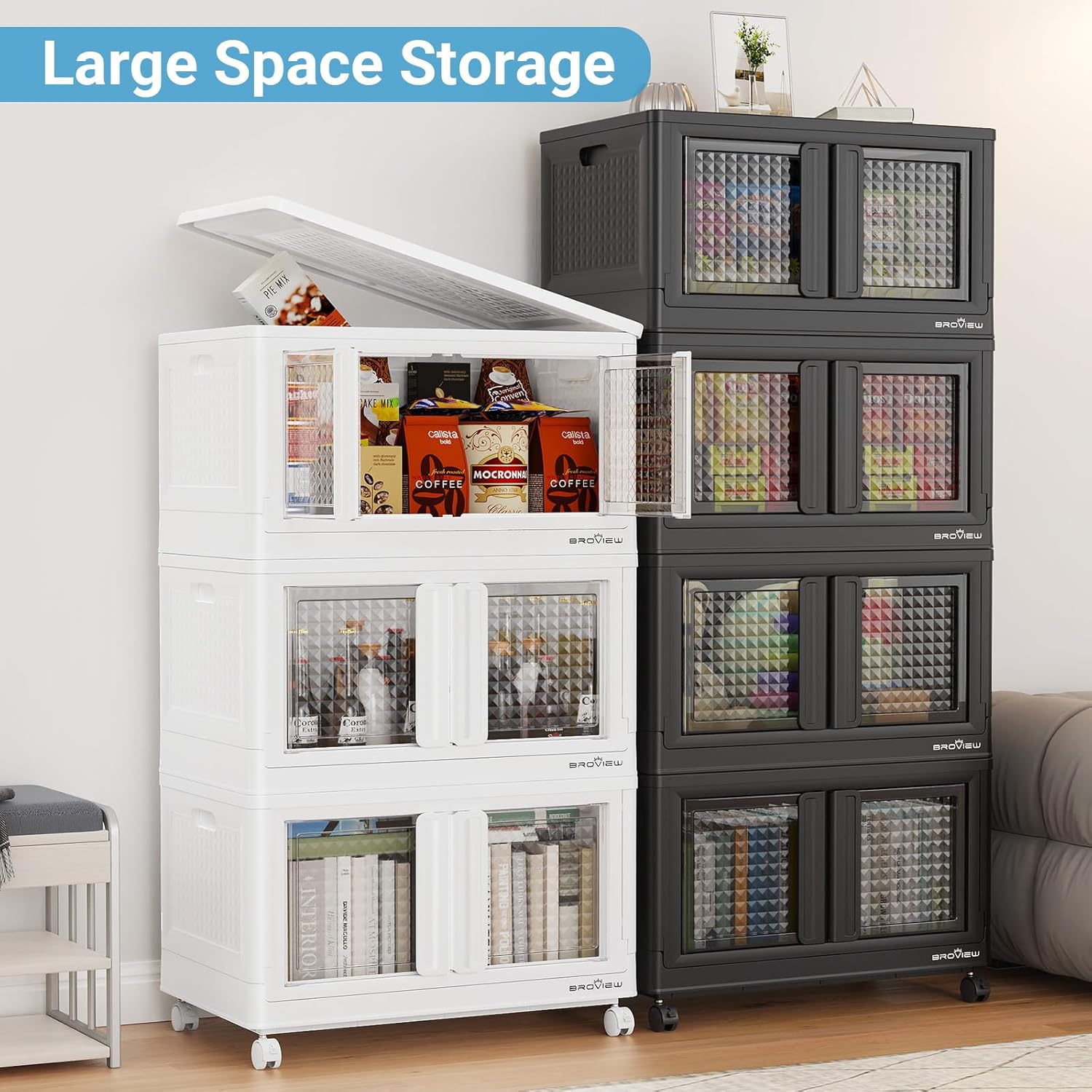 BROVIEW 400 Qt Stackable Storage Bins with Lids & Doors, 4 Pack Plastic Closet Organizer and Storages Drawers with Wheels, Large Collapsible Storages Boxes, Cabinet for Home, Office, V10, Black