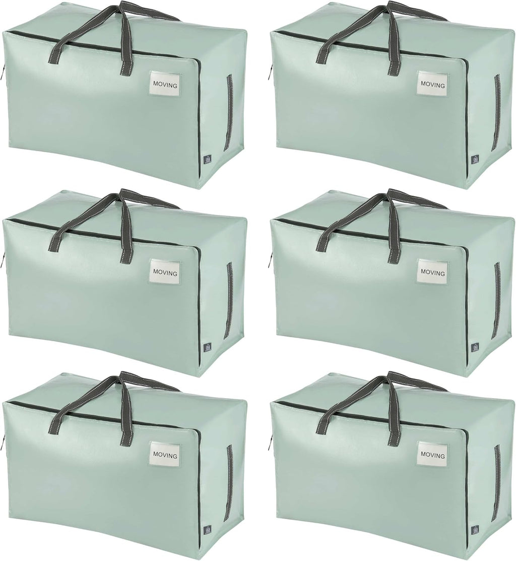 VENO 6 Pack Moving and Storage Bags, Heavy Duty, Alternative to Moving Boxes, Large Packing Totes Supplies for College Dorm Room with Zipper for Clothes, Wide Open Design (Shiny Light Green, 6 Pack)