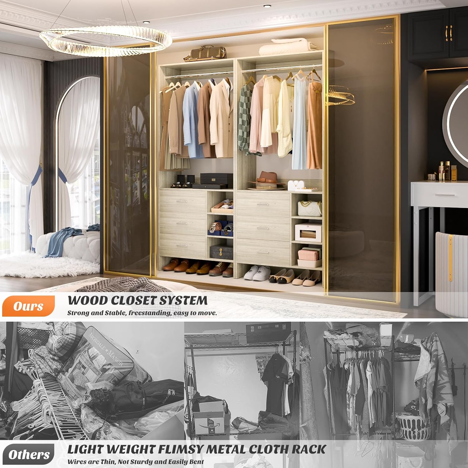 Aheaplus 2.5FT Closet System with 3 Drawers, 29.5’’ Closet Organizer, Wood Closet Organizer System, Walk-in Closet or Small Closets Wardrobe, Clothes Rack with Hanging Rods,-E6, White Oak