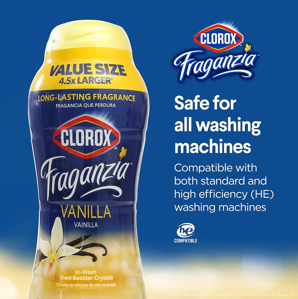 Clorox Fraganzia Laundry Scent Booster Crystals in Vanilla Scent - Scented In-Wash Freshener Beads for Fresh, Clean, Great Smelling Clothes and Linens, 70 Oz