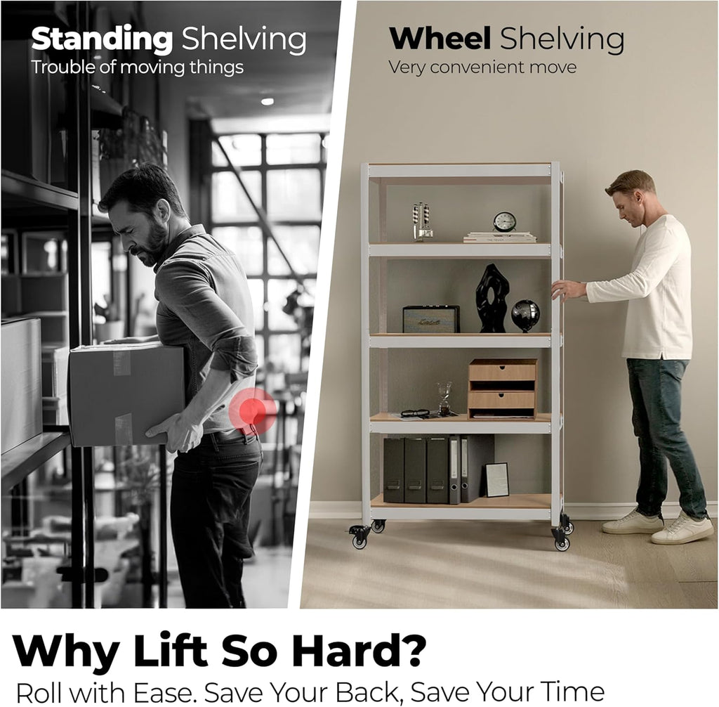 HOMEDANT House White 5-Tier Metal Rolling Cart Shelf Rack Casters Heavy Duty Wheel Shelving Unit Adjustable Utility Storage Shelves Organizer Shelf Kitchen Garage 24.4" W x 16.5" D x 62.2" H 3Pack
