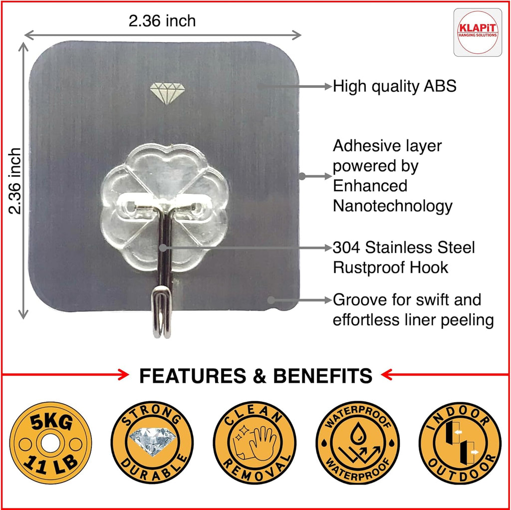 KLAPiT Super Hook - Heavy-Duty Adhesive Wall Hooks, Holds Up to 11 lbs, Waterproof, No Damage, Easy Install on Tile, Wood, Stone, Glass & Metal - Made of Steel (Silver, 4pc)