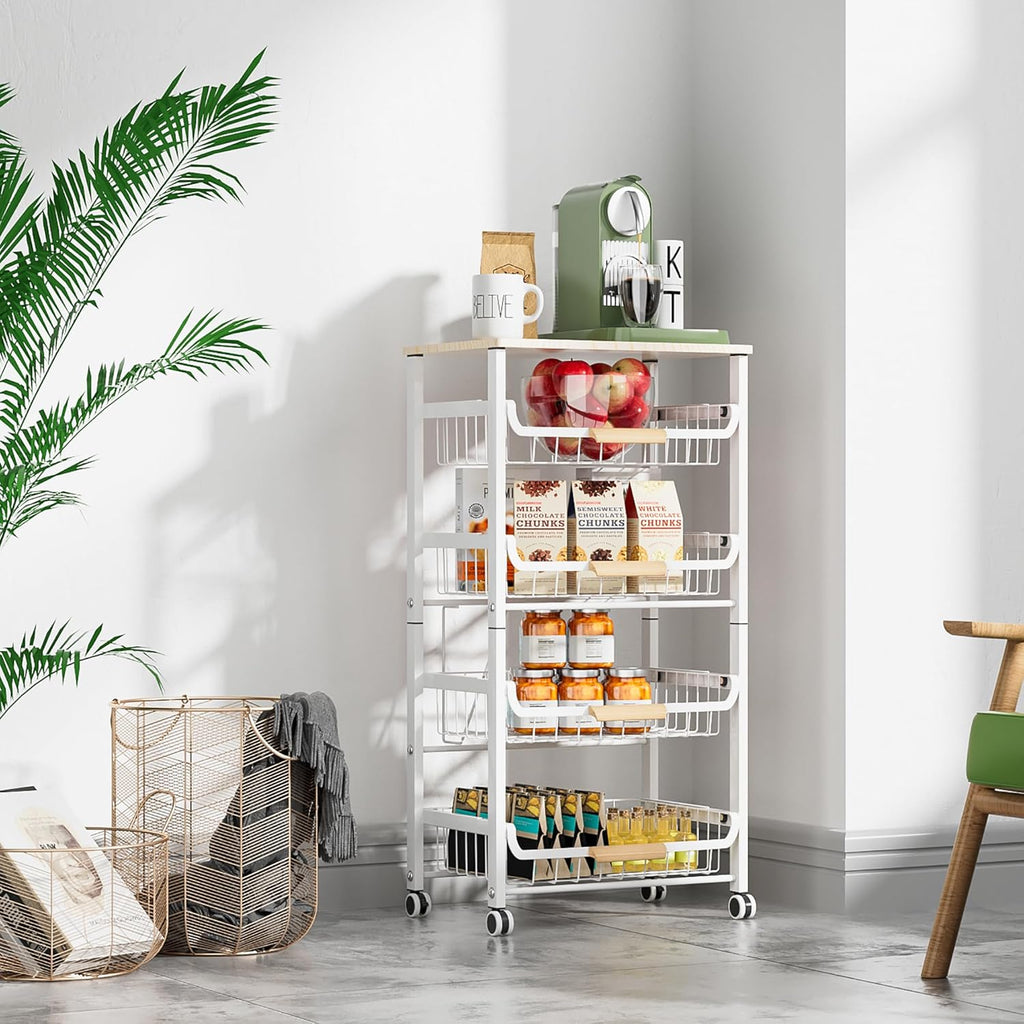 5-Layer Fruit Basket Kitchen Food Storage Organizer and Storage Rack, Stackable Storage cart with Desktop, Pull-Out Hollow Metal Storage Basket, Wheeled Sorting Rack Spice Rack