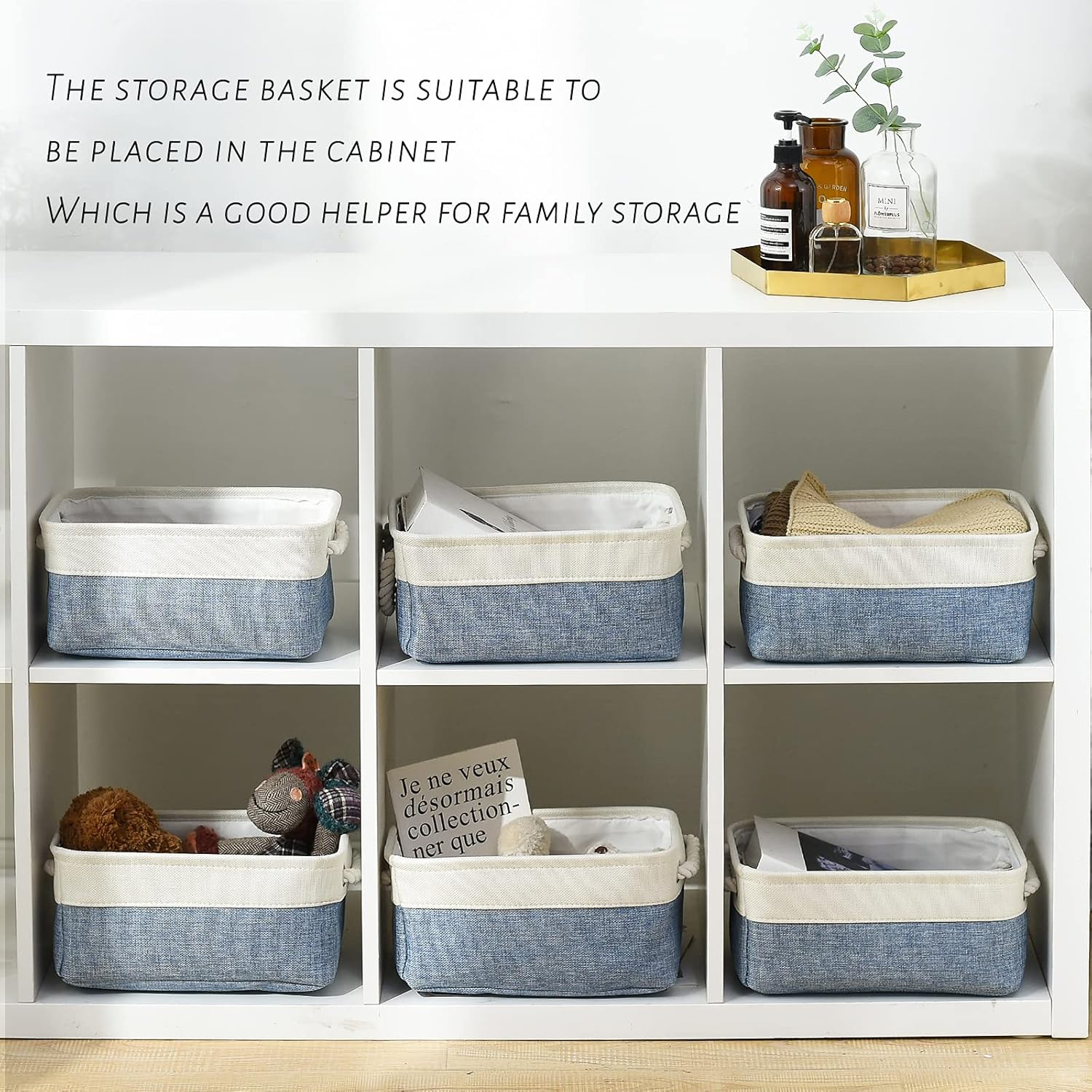 TcaFmac Storage Basket for Shelves - Small 6 Pack Fabric Storage Bins for Organizing, Collapsible Storage Cubes with Handle for Closet Cloth Toy Decorative Gift (White & Blue11.8 x 7.8 x 5.2 inch)