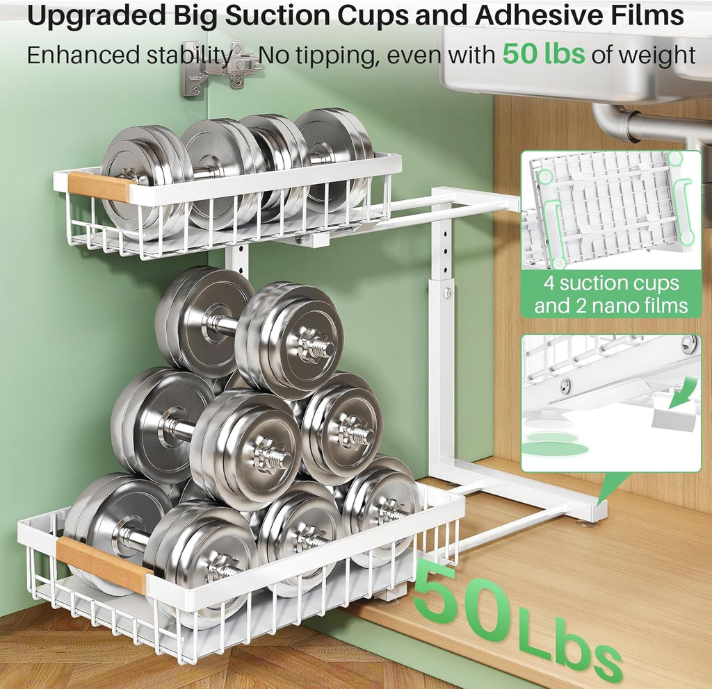 Under Sink Organizer, 2 Packs 2 Tier Under Sink Organizers and Storage, Slide out Pull out Cabinet Organizer Shelf, Metal Sliding Drawer for Kitchen Bathroom Pantry Closet Rack(White)