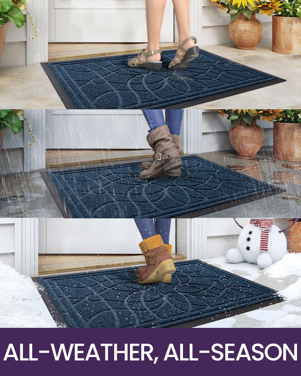 DEXI Front Door Mat Outside Entrance, Heavy Duty Non Slip Low Profile Doormat for Entryway, Trap Dirt and Moisture Welcome Mats, Easy Clean, Patio, Garage, 17x29, Blue