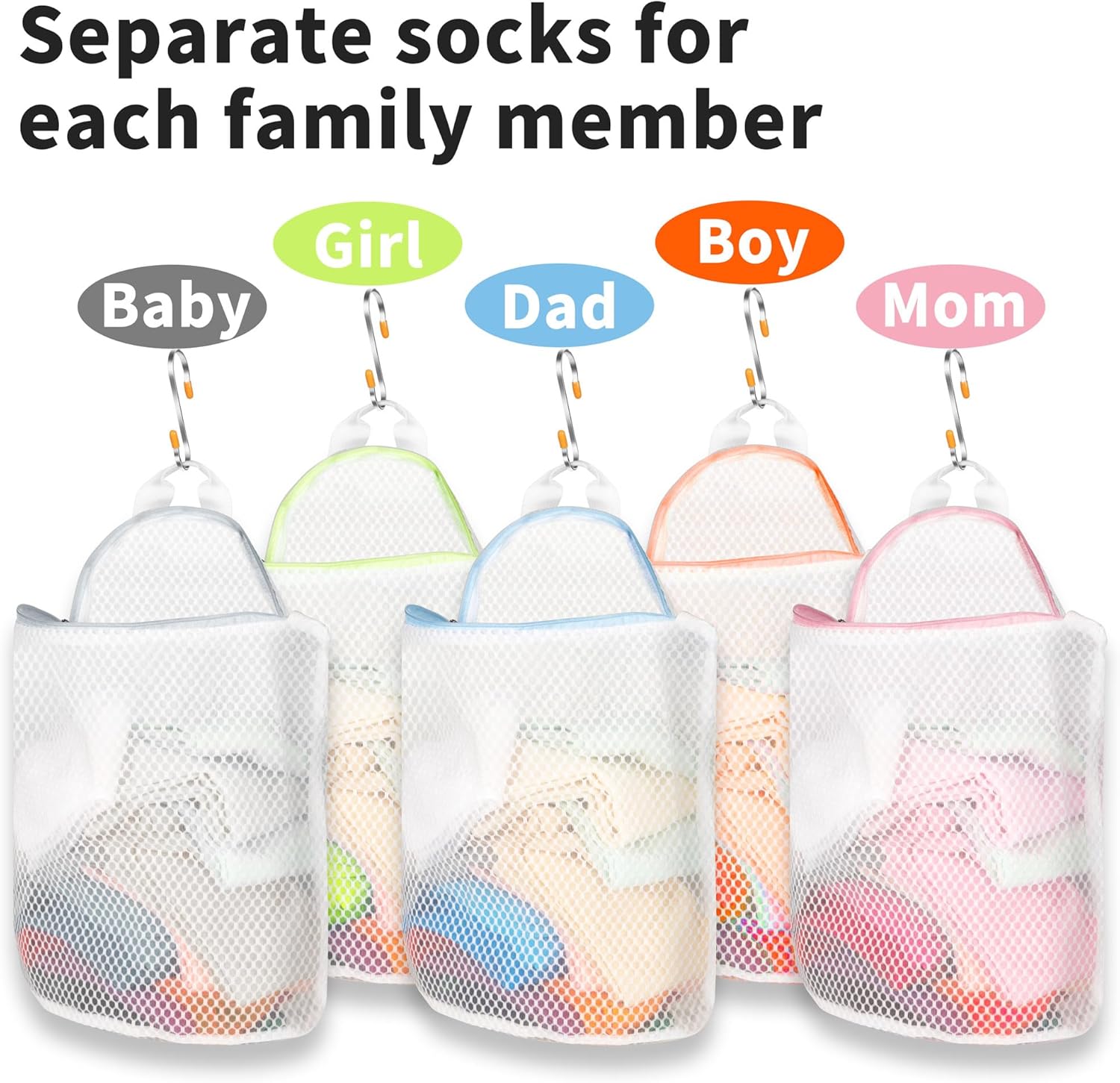 5Pcs Hanging Laundry Bags for Socks with S Hooks,12 X 10 inch 5 Color Mesh Laundry Bags for Washing Machine