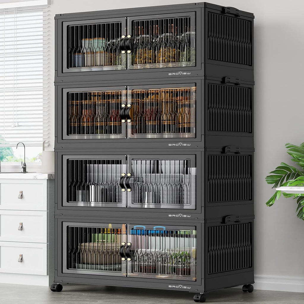 BROVIEW 480Qt Stackable Storage Bins with 4 Lids, Extra Large Closet Organizer Collapsible Drawer Boxes with Wheels, Folding Plastic Cabinet Containers for Home Kitchen Room Organization, 4Pack Black