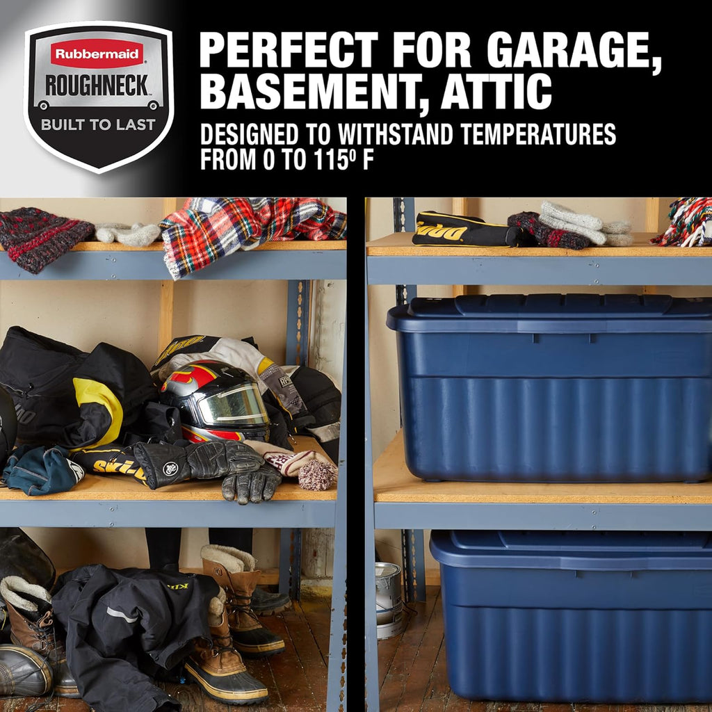 Rubbermaid Roughneck Tote 40 Gal, 2 Pack, Made in USA, Dark Indigo Metallic, Rugged Plastic Stackable Storage Bins with Lids and Handles