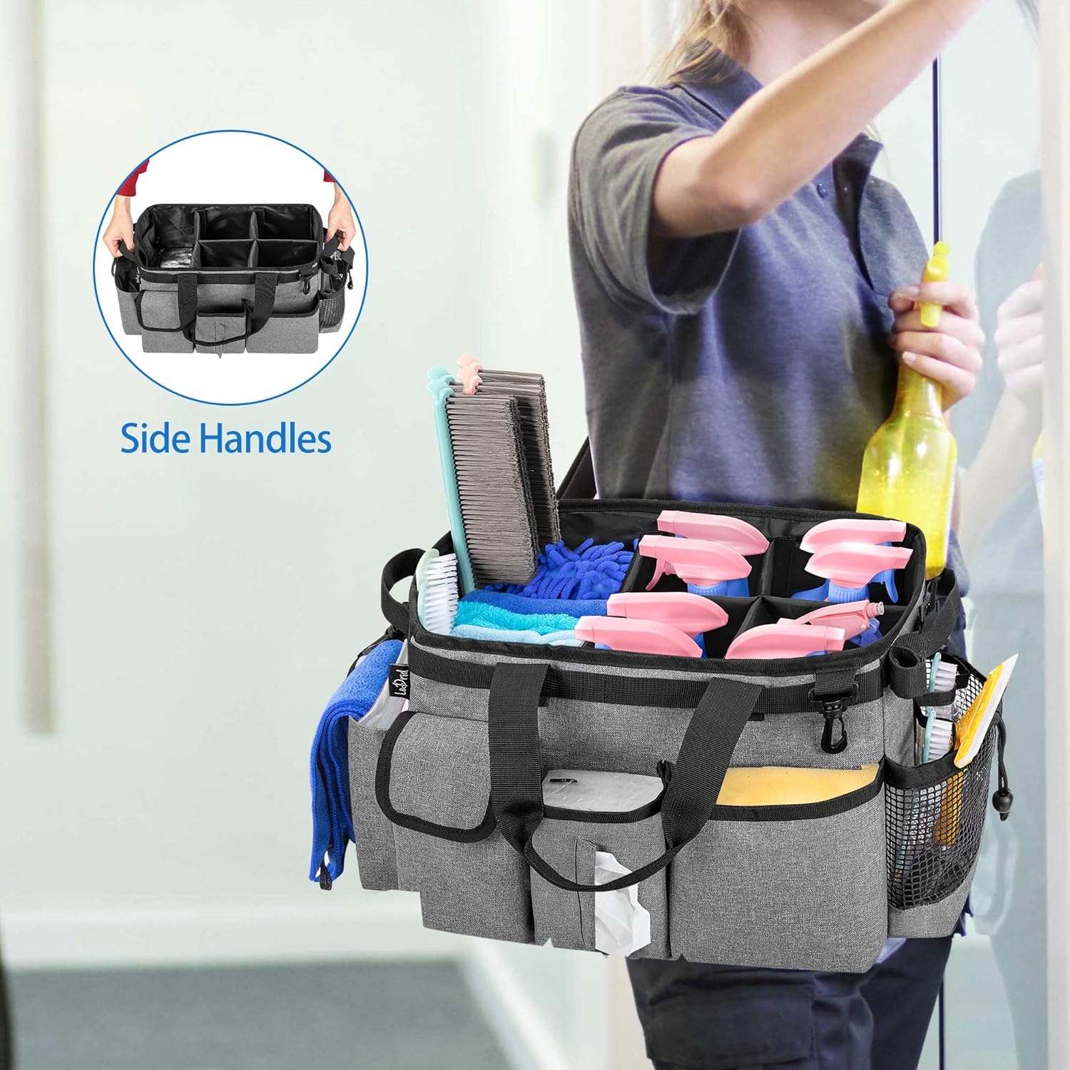 LoDrid Large Wearable Cleaning Caddy Bag with Detachable Divider, Cleaning Organizer with Handles, Cleaning Supply Tote with Adjustable Shoulder Strap for Cleaners & Housekeepers, Grey
