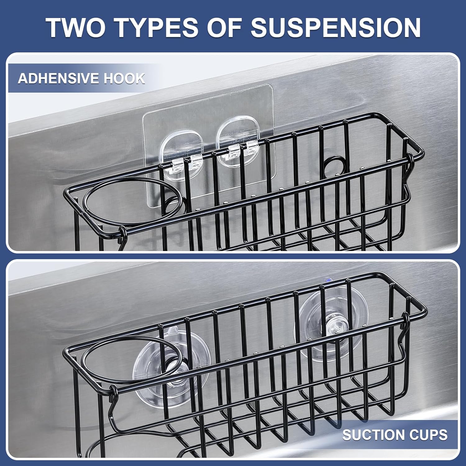 3-In-1 Sponge Holder for Kitchen Sink, 2 Type Suspension Options (Suction Cups & Adhesive Hook), Hanging Sink Caddy Organizer Rack - Sponge, Dish Cloth, Brush, Scrubber, 304 Stainless Steel - Black