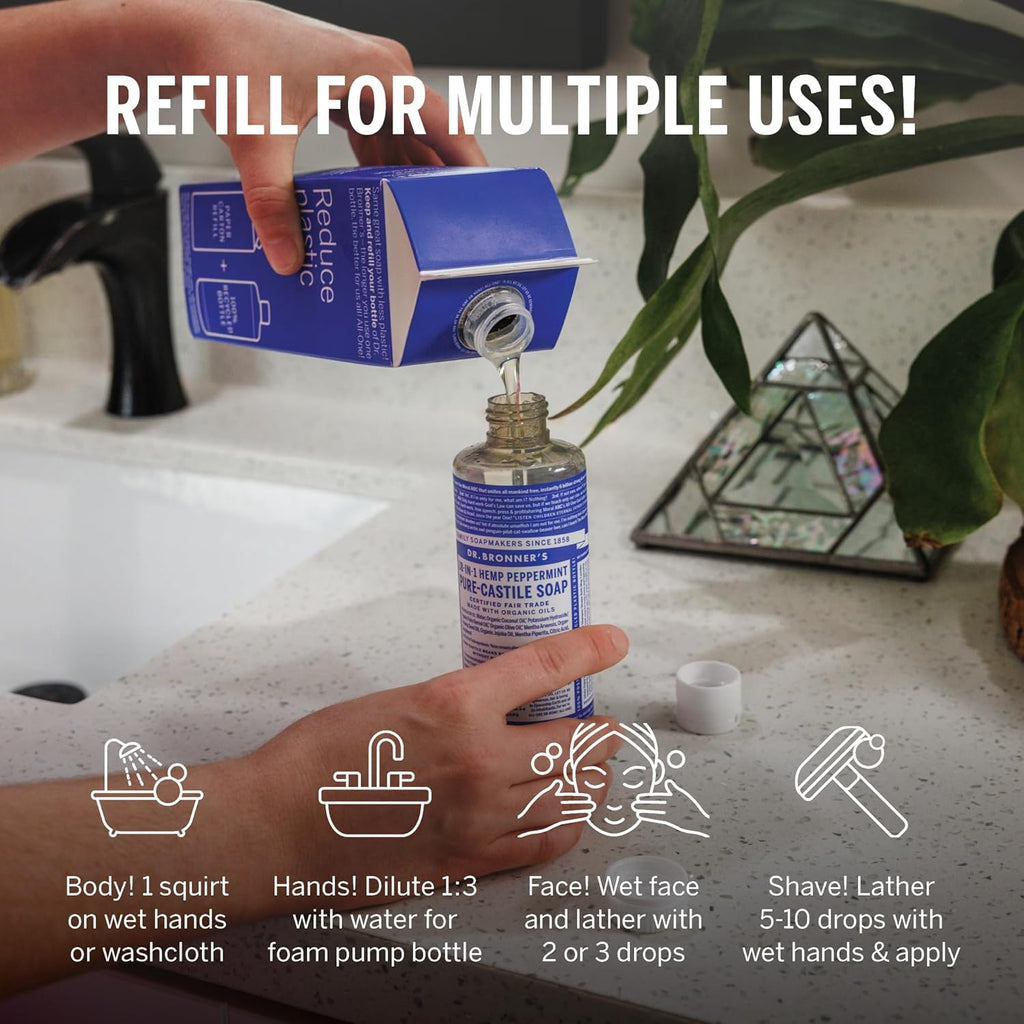 Dr. Bronner's Pure-Castile Liquid Magic Soap Refill - Made with Regenerative Organic Certified Oils, 86% Less Plastic - 18-in-1 Uses for Face, Body Wash, Hand Soap Refill & More - Peppermint, 32oz