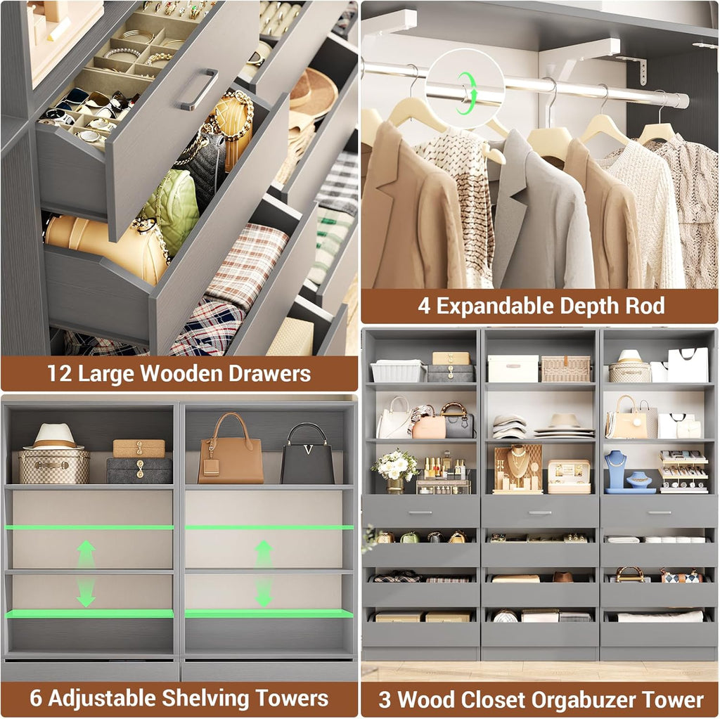 Aheaplus Closet System Set of 3, 138.5" Wood Closet Organizer System Tower with 12 Drawers & 4 Hanging Rods, 6.7+4.85Ft L Shaped Walk-in Closets Wardrobe Organizer Garment Rack with Shelves, Grey