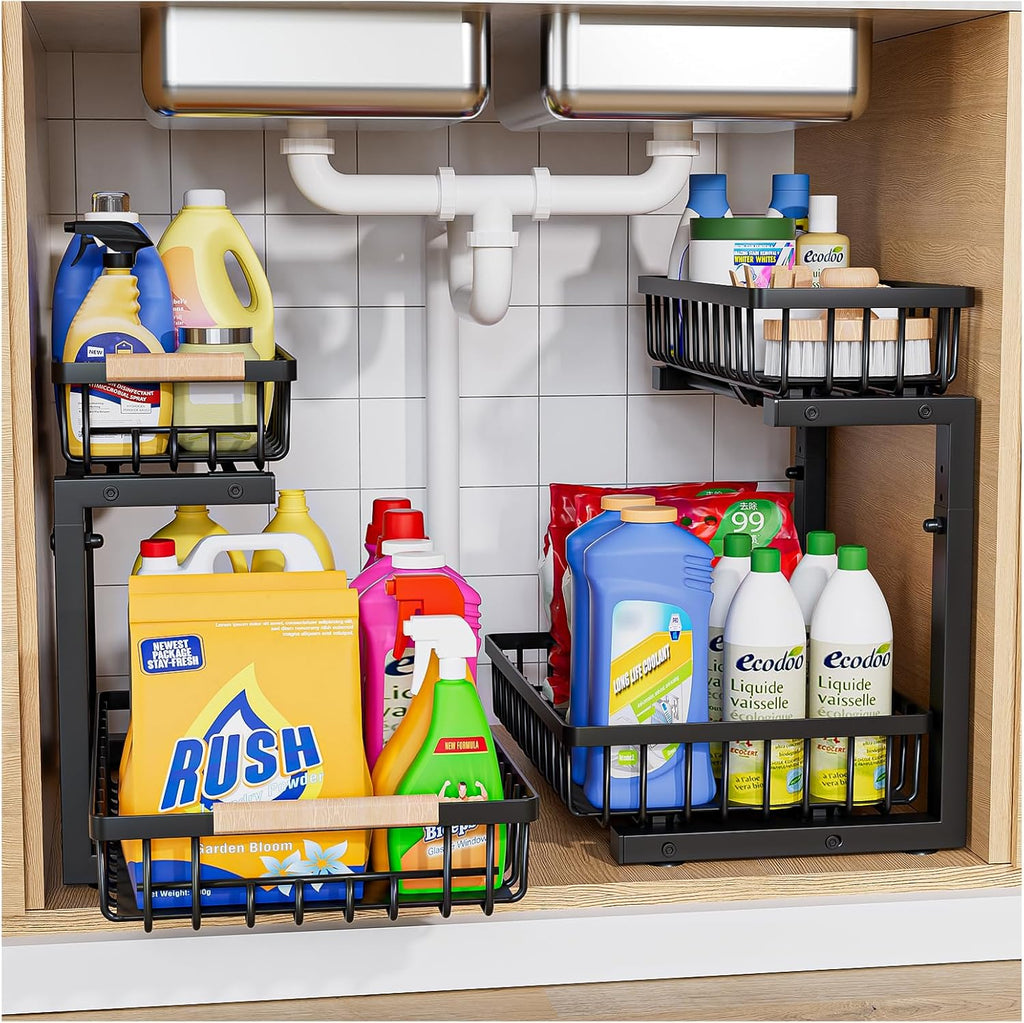 Under Sink Organizer,2 Pack 2 Tier Under Sink Organizers and Storage,Slide Out Pull Out Cabinet Organizer Shelf,Metal Sliding Drawer for Kitchen Bathroom Pantry Cabinet Closet Organization Rack Black