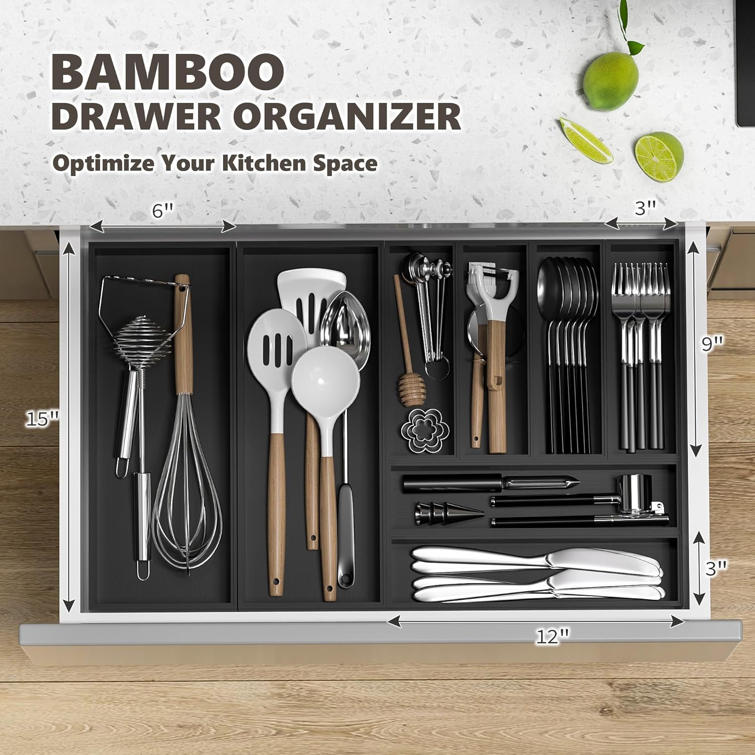 Kitchen Drawer Organizer Tray, Stackable Black Bamboo Drawer Organizer for Large Silverware, Utensils, Cutlery, Flatware, Junk, Dresser, Bathroom, 17" x 6" x 2.5" (Set of 2)