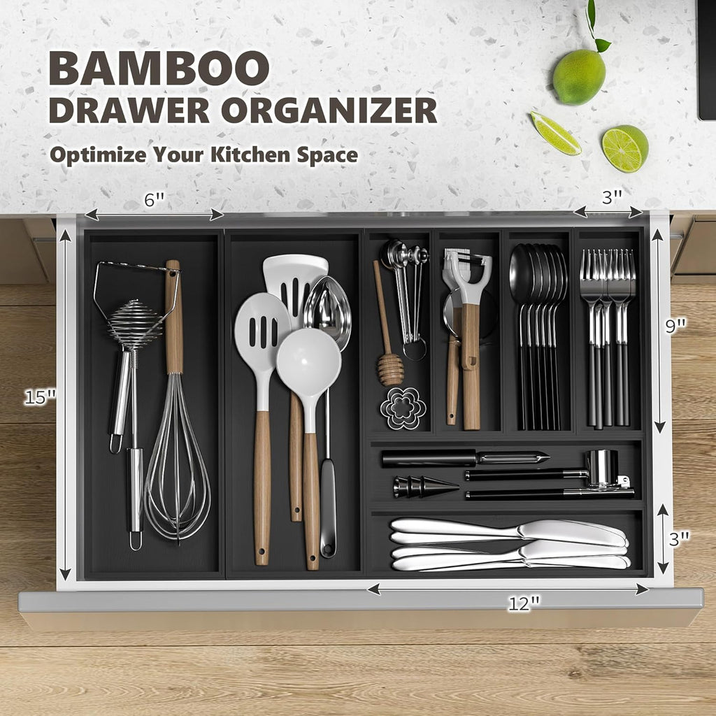 Kitchen Drawer Organizer Bins, Stackable Bamboo Drawer Organizer for Silverware, 2 Pcs Toilet Paper Basket Holder, Wood Bathroom Tray Countertop, Toilet Tank Tray Black 15" x 6" x 2.5"
