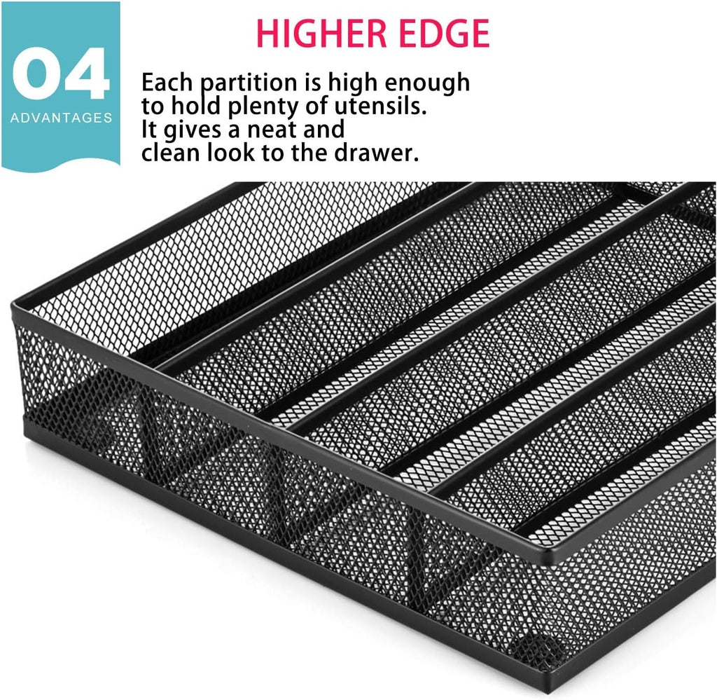 JANE EYRE Utensil Drawer Organizer, Cutlery Tray Silverware Flatware Storage Divider for Kitchen, Mesh Wire with Non-slip Foam Feet, 5 Component, Black