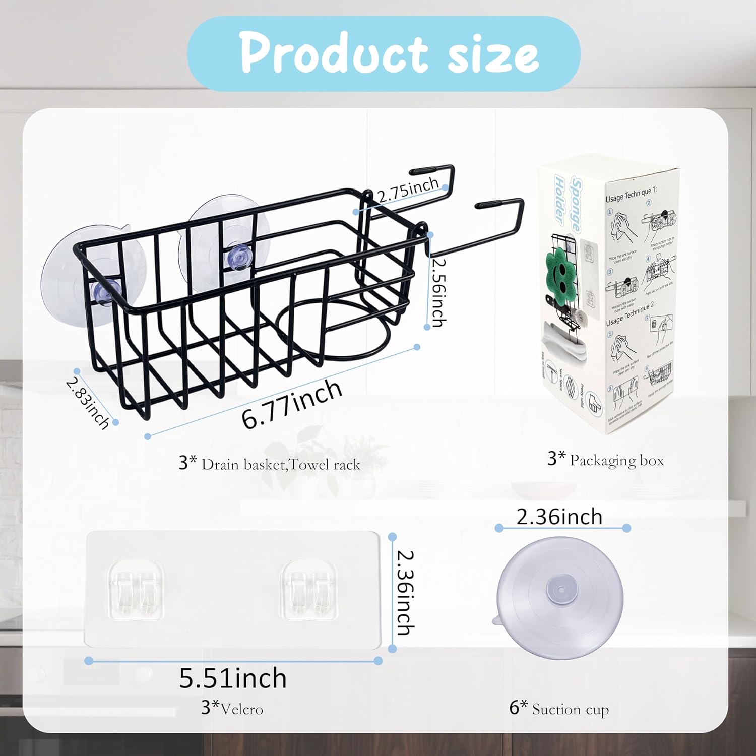 Sponge Holder with Dish Cloth Hanger for Kitchen Sink, In-sink Caddy Organizer with Suction Cups & Adhesive Strips, Rustproof Sponge Rack for Soap, Brush, Scrubber - Black（3 Pack）
