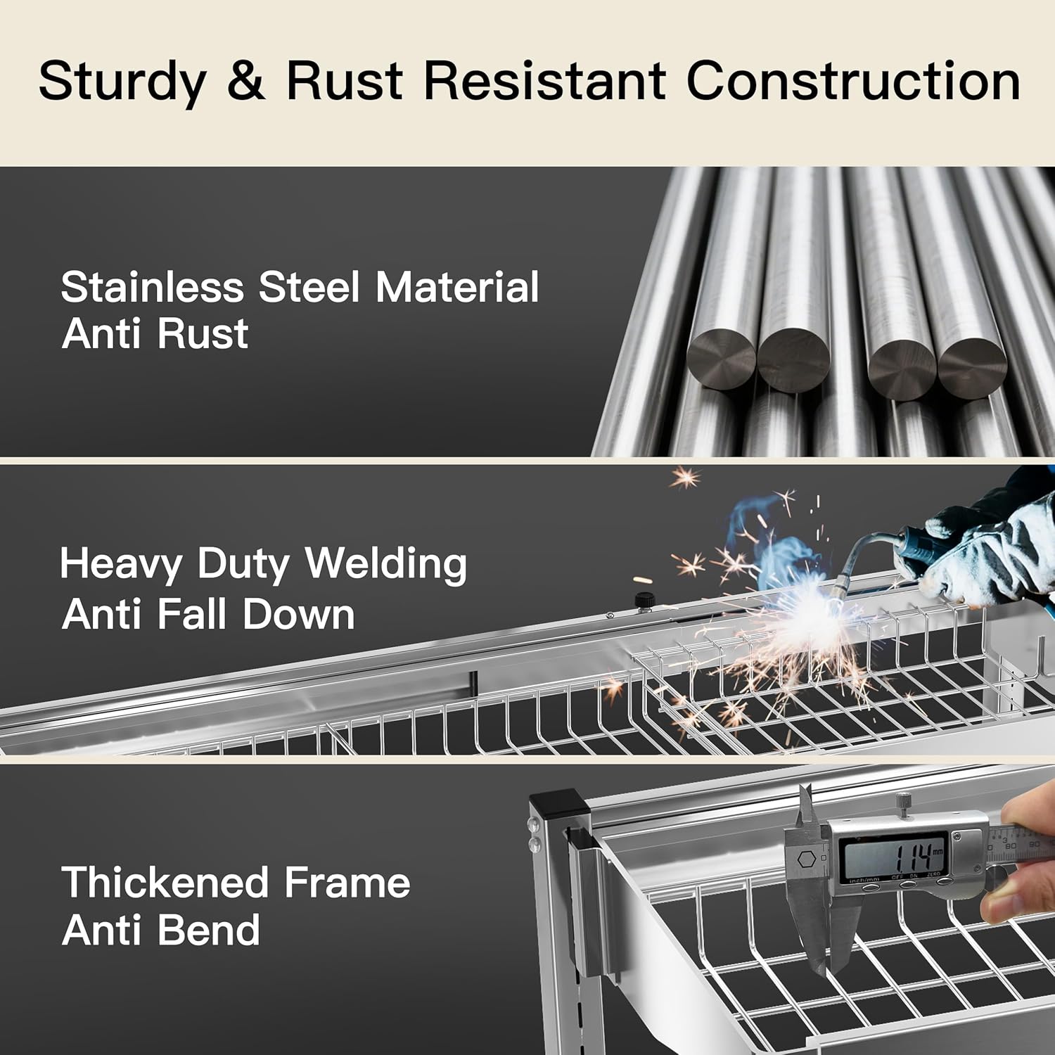 3 Tier Extra Large Stainless Steel Expandable Over The Sink Dish Drainer Drying Rack, Rust Proof Metal, Space Saving, Modern Silver Big Capacity Extendable Plate Strainers Above Kitchen Counter