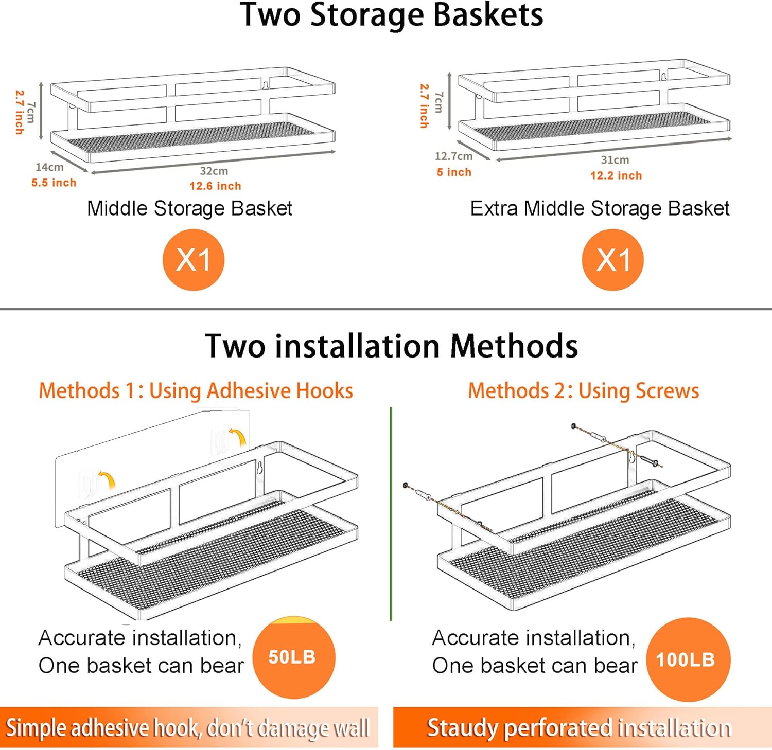 PUSDON Hanging Storage Baskets Organizer Wall Mount, Metal Wire Storage Bin Rack for Kitchen Bathroom Shower Spice Shelf Home Decor Essentials Black-2 Packs(Guardrail)