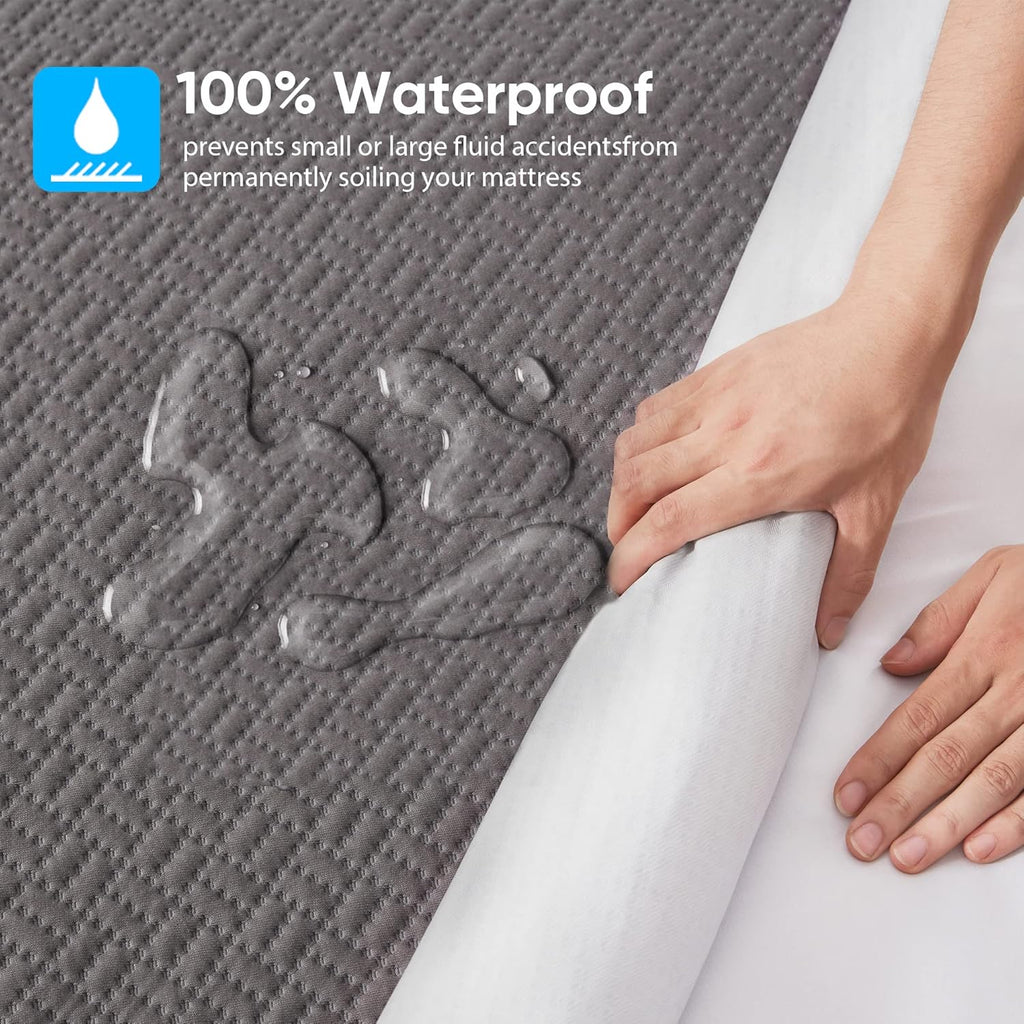 Hanherry 100% Waterproof Queen Size Mattress Protector, Grey, Rayon Made from Bamboo Terry Surface, 3D Air Fabric, 16 inch Deep Pocket, Cooling, Noiseless, Smooth, Breathable, Fits 21 inches