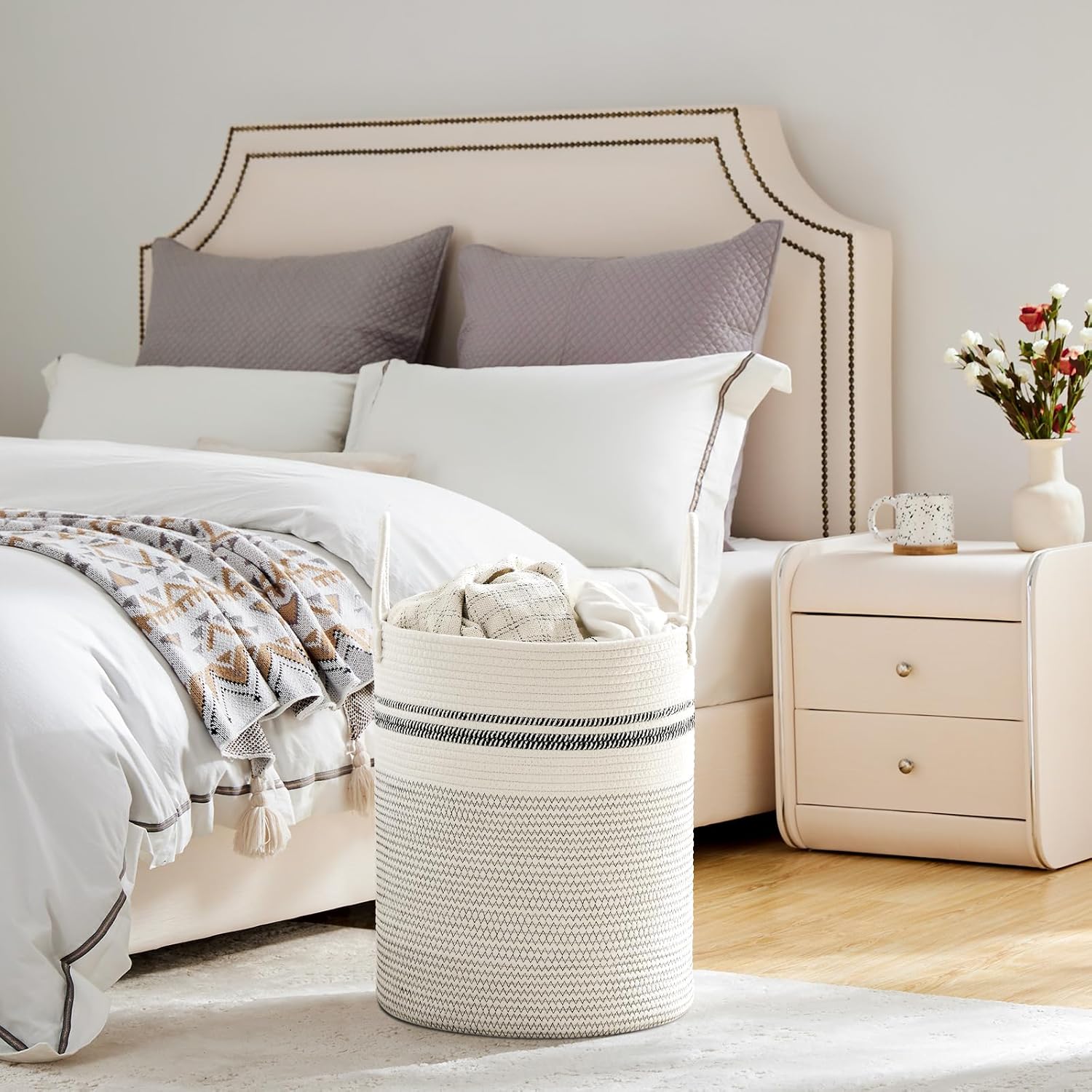 VIPOSCO Large Laundry Hamper, Tall Woven Rope Storage Basket for Blanket, Toys, Dirty Clothes in Living Room, Bathroom, Bedroom - 53L Stripe White