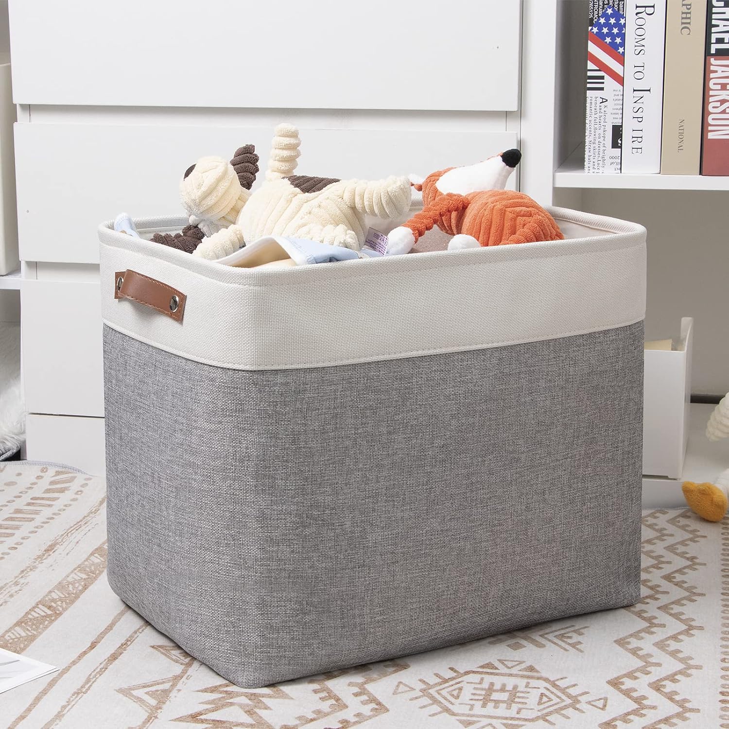 DULLEMELO Large Storage Baskets with Handles, Fabric Storage Bins for Organizing Clothes Toys Books, Canvas Storage Bin for Office Bedroom Closet Nursery Laundry Storage (White&Gray)