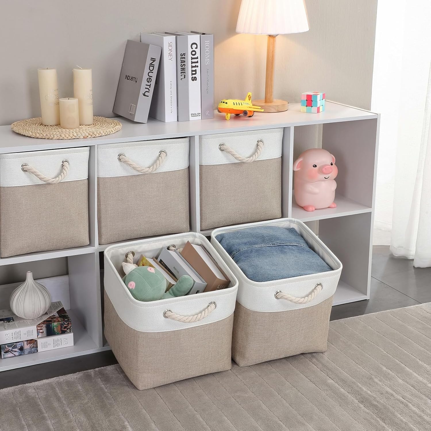 Mangata Canvas Storage Boxes, 13 Inch Cube Storage Bins Set of 6, Fabric Baskets with Cotton Rope Handle for Organizing Clothes Nursery Home (Khaki/White)