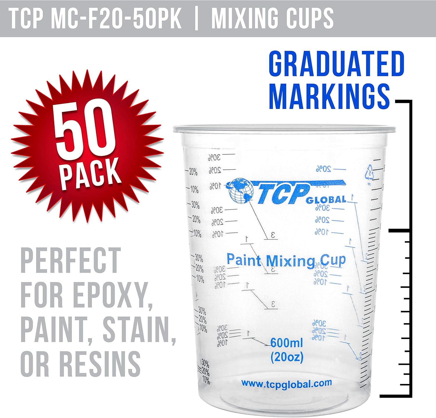 TCP Global 20 oz. (600ml) Graduated Plastic Mixing Cups - Box of 50 with 50 Mixing Sticks - Disposable Plastic Measuring Cups for Liquids, Paints, Resin, Epoxy, Art, Kitchen - Ratios 2-1, 3-1, 4-1 ML