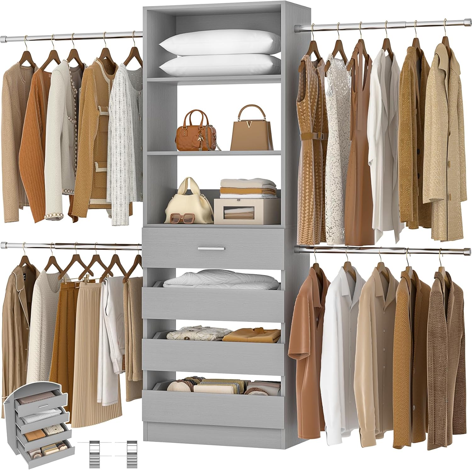 Aheaplus Closet System, 4-9Ft Closet Organizer with 4 Wooden Drawers, Wood Closet Organizer System with Tower, Walk-in Closet Organizer Wardrobe Garment Clothes Rack with 4 Hanging Rods, Grey