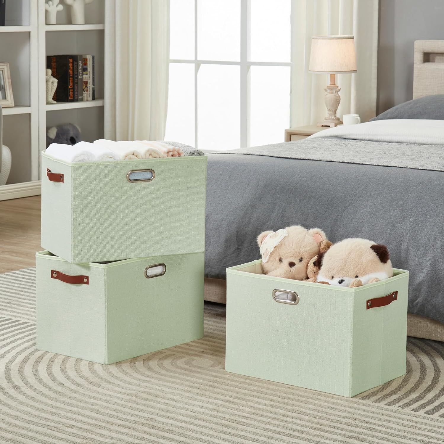 3-Pack Foldable Fabric Storage Bins with Durable PU & Metal Handles, Collapsible Storage Baskets for Shelves, Home Storage, Closet Organizers, Living Room(17"x11.8"x11.8", Sage Green)