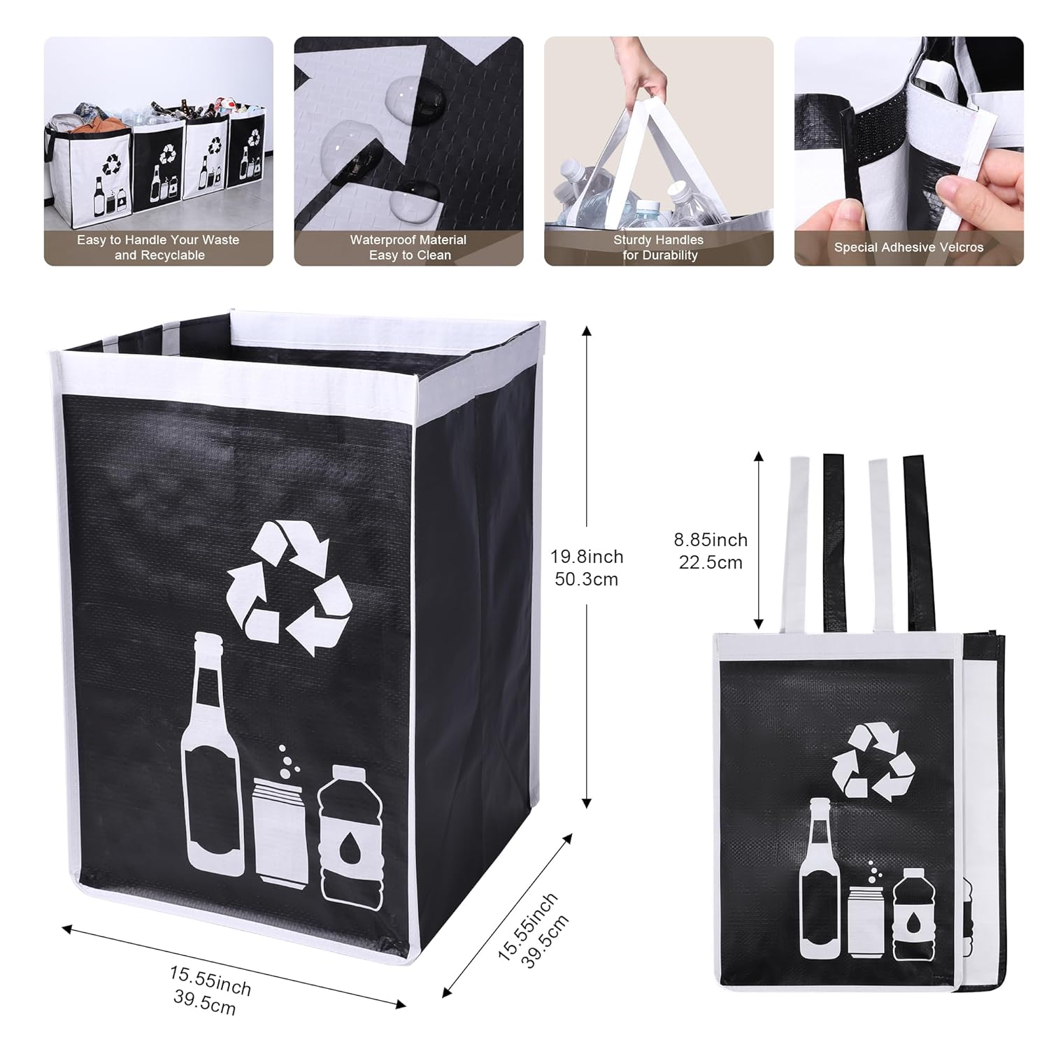 Recycle Waste Bag for Kitchen Home- Large Indoor Recycling Bins Trash Sorting Organizer, Reusable and Waterproof, 4 Pack