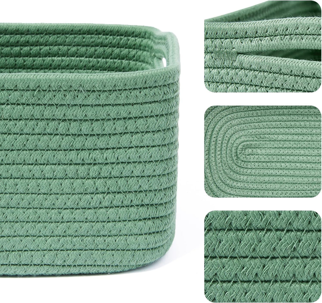 Small Storage Baskets for Organizing | Closet Organizer Bins | Shelf Toy Basket | Woven Rope Baskets | Cube Decorative Box | Shallow Basket | 13x8.5x5.1” | 3 Packs Green