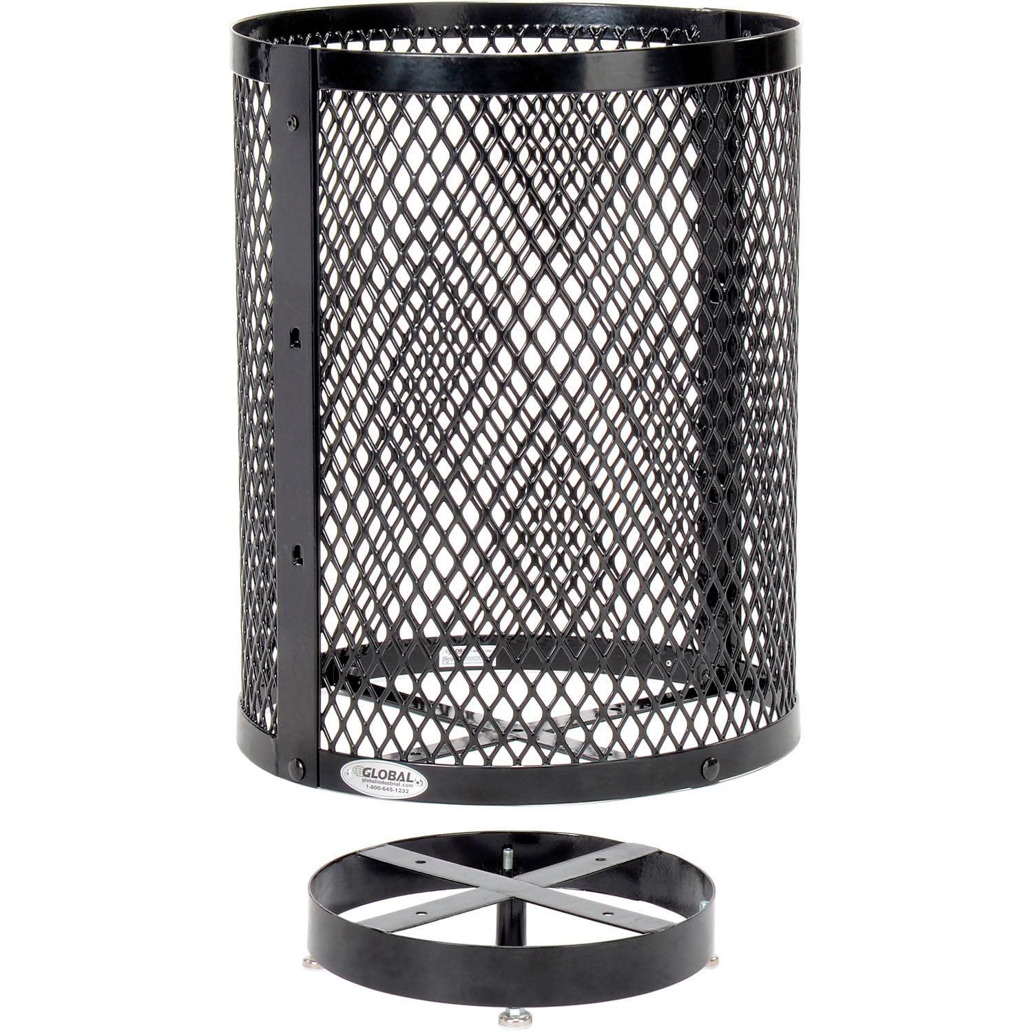 Global Industrial Outdoor Diamond Steel Trash Can with Rain Bonnet Lid, Raised Base and Plastic Liner, 36 Gallon Capacity, Black, Thermoplastic Coating, 23-1/2" Diameter, 43-1/2"H