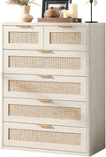 LEYAOYAO White Dresser for Bedroom, 42" Tall Chest of Drawers, Modern 6 Drawers Boho Rattan Dressers with Storage, Dresser Wooden Closet Organizer for Living Room, Hallway