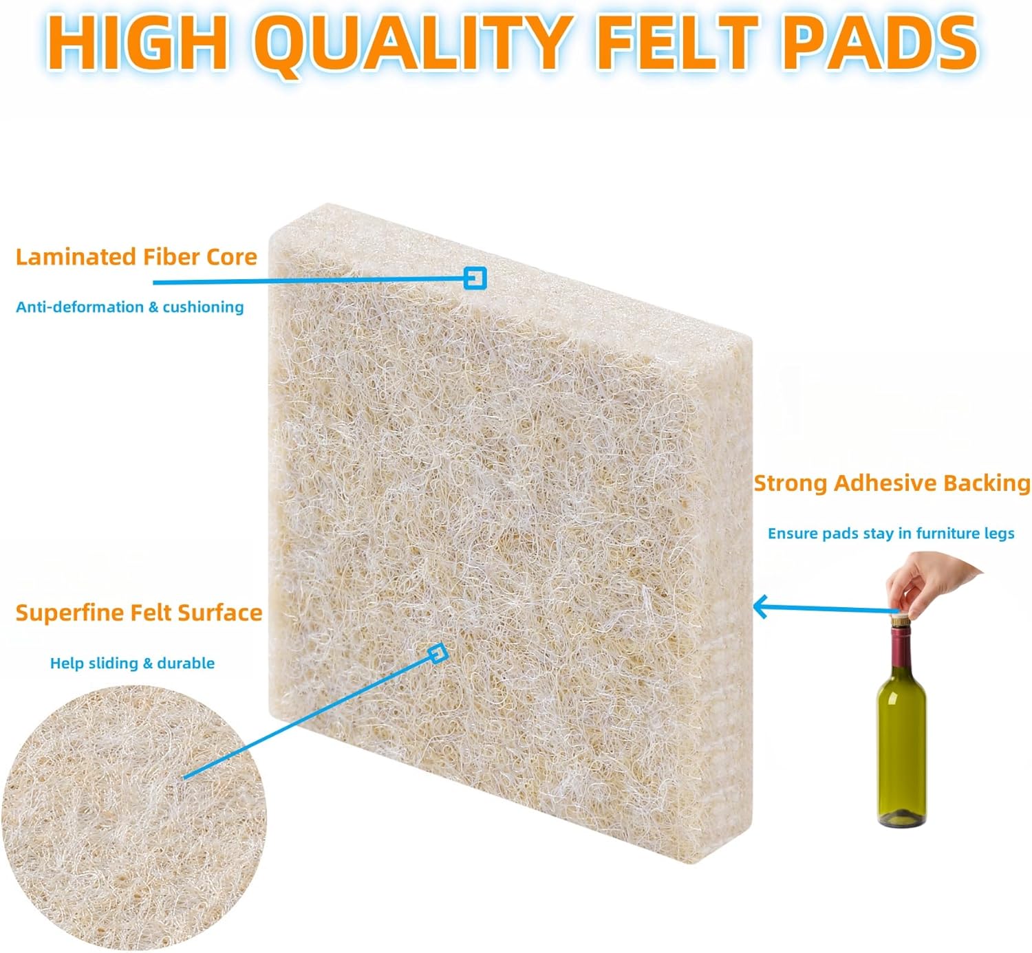 Furnigear Felt Furniture Pads for Hardwood Floor - Self Adhesive Chair Felt Pads, Floor Protector for Furniture Feet, Furniture Sliders Moving Your Furniture Smoothly - Anti Scratch 96 Pcs 3/4" Square