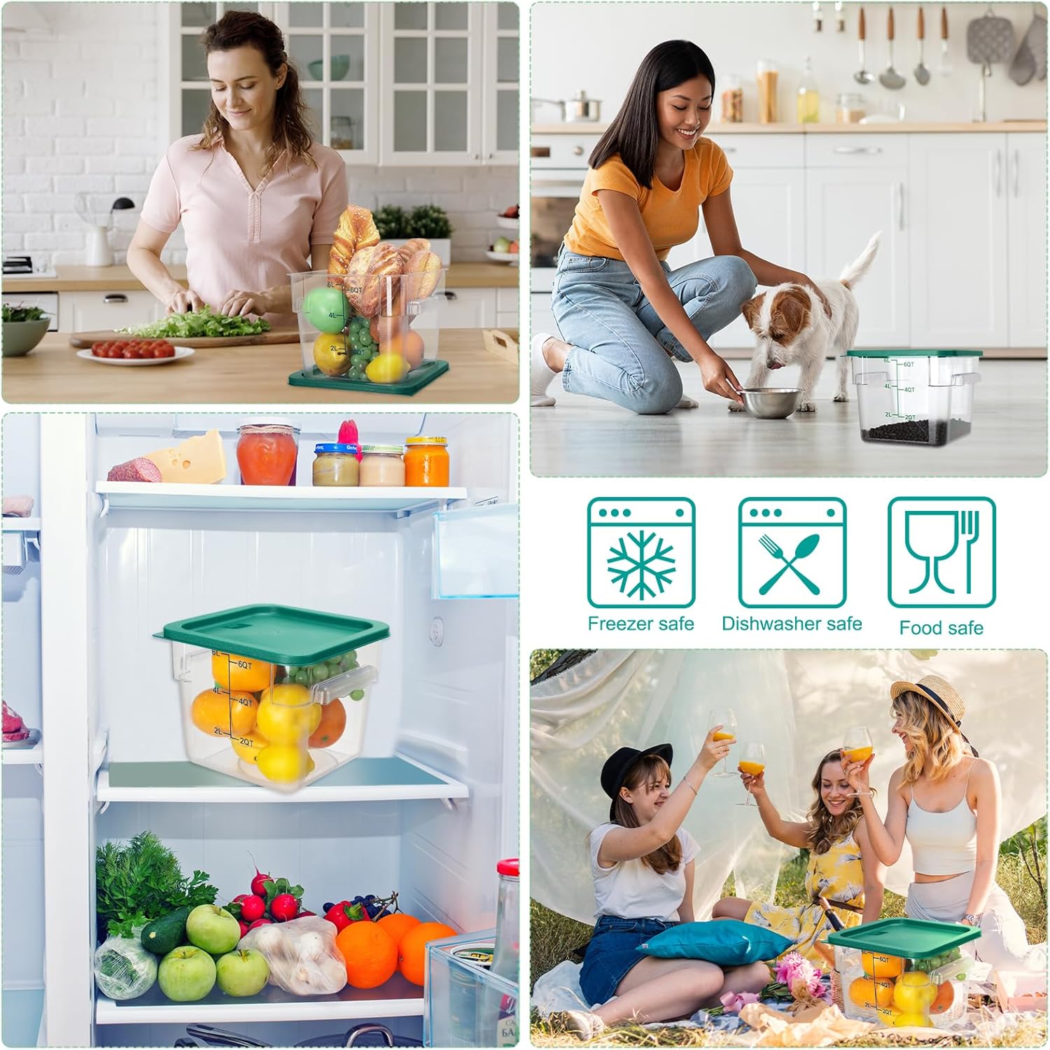 Lallisa 8 Pack 6 Qt Commercial Food Storage Containers with Lids Square Food Storage Container Clear Cereal Storage Containers for Kitchen Freezer Pantry Restaurant Flour Sugar(Green Lids)