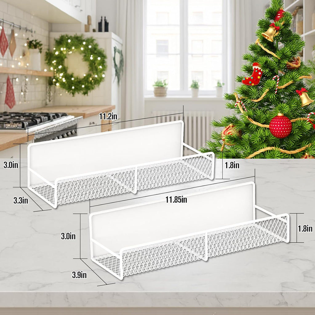 2 Pack Magnetic Spice Rack for Refrigerator, White Magnetic Shelf with 4 Removable Hooks, Rustproof Magnetic Shelf for Fridge, Oven, Condiments, Oils, Seasoning Spice Organizer